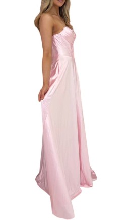 Blush Pink Satin Corset Prom Dress with Lace-Up Back – Strapless A-Line Formal Gown KSP699