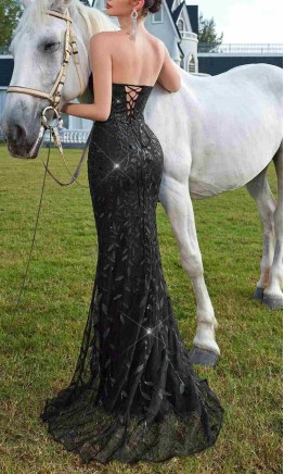 Glamorous black strapless prom dress with sheer corset bodice, sequin patterned lace, and high leg slit HPPD718