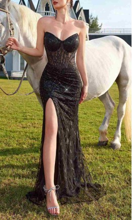 Black Strapless Sheer Corset Sequin Lace Prom Dress HPPD718