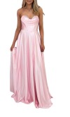 blush pink satin corset prom dress front view strapless A line gown