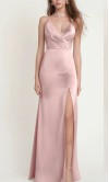 Blush Pink Satin V-Neck Spaghetti Strap Bridesmaid Dress with Slit HPPB721