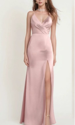 Blush Pink Satin V-Neck Spaghetti Strap Bridesmaid Dress with Slit HPPB721