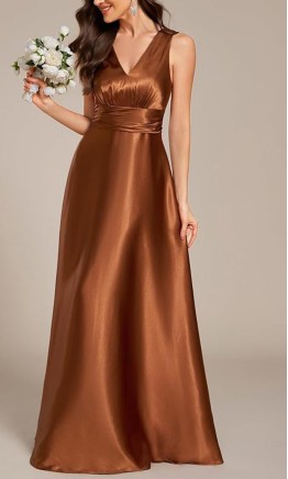 Bronze Satin  V-Neck A-Line Bridesmaid Dress with Pockets HPBD711