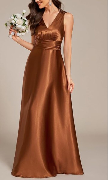 Bronze satin V-neck Fall bridesmaid dress with a flowing floor-length skirt and side pockets
