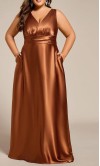 Bronze satin V-neck Fall bridesmaid dress with a flowing floor-length skirt and side pockets