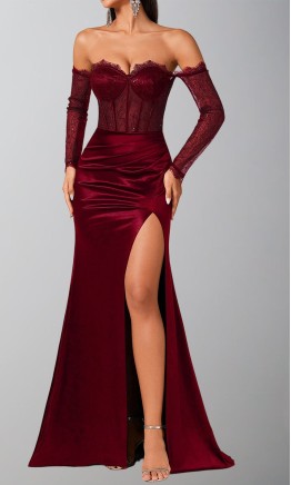 Burgundy Off-the-Shoulder Lace Corset & Satin Prom Dress HPPD722