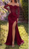 Showstopping burgundy off-the-shoulder prom dress with sheer lace corset bodice, long lace sleeves, and a satin high slit skirt HPPD722