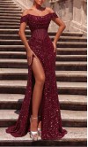 Showstopping sequined off-the-shoulder prom dress with sheer corset bodice, lace-up back, and high leg slit