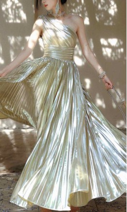 Champagne Liquid Metallic One-Shoulder Pleated Prom Dress HPPD716
