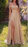 Showstopping sequined off-the-shoulder prom dress with sheer corset bodice, lace-up back, and high leg slit