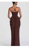 Elegant chocolate brown corset evening dress with exaggerated hip draping, sweetheart neckline, and lace-up back HPPD719