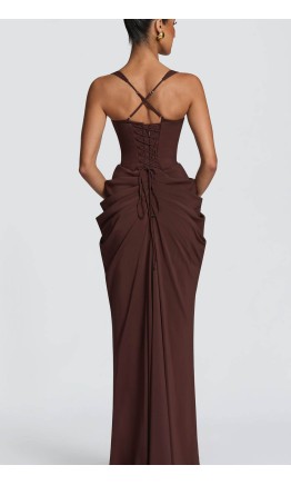 Elegant chocolate brown corset evening dress with exaggerated hip draping, sweetheart neckline, and lace-up back HPPD719