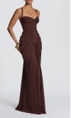 Elegant chocolate brown corset evening dress with exaggerated hip draping, sweetheart neckline, and lace-up back HPPD719