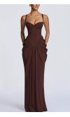Chocolate Brown Satin Corset Draped Prom Dress Basque Waist HPPD719