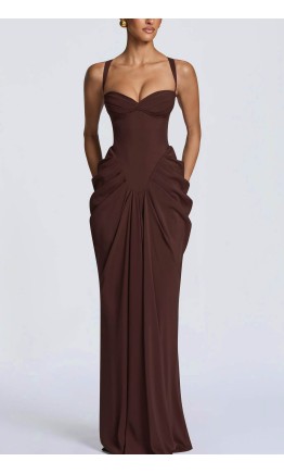 Elegant chocolate brown corset evening dress with exaggerated hip draping, sweetheart neckline, and lace-up back HPPD719