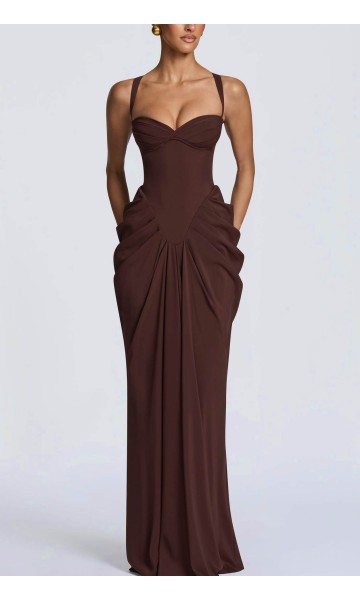 Elegant chocolate brown corset evening dress with exaggerated hip draping, sweetheart neckline, and lace-up back HPPD719