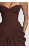 Elegant chocolate brown corset evening dress with exaggerated hip draping, sweetheart neckline, and lace-up back HPPD719