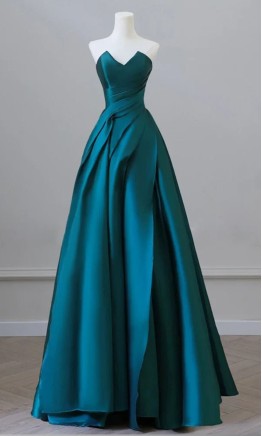 Dark Teal Satin Strapless Ruched A-Line Prom Dress HPPD708