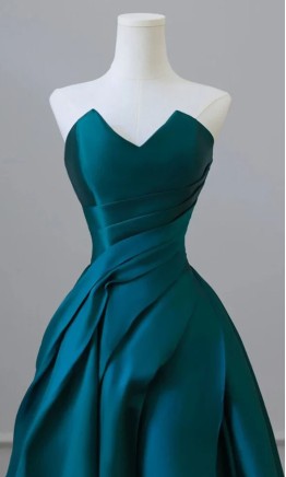 Dark Teal Satin Strapless Ruched A-Line Prom Dress HPPD708