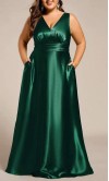 Bronze satin V-neck Fall bridesmaid dress with a flowing floor-length skirt and side pockets