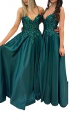 Emerald Green Sheer Corset Satin Prom Dress with Pockets KSP700