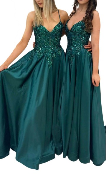 sequined green satin a-line prom dress with spaghetti straps