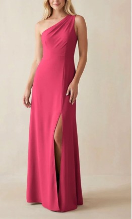 Fuchsia Satin One-Shoulder Long Bridesmaid Dress with High Side Slit HPPB708