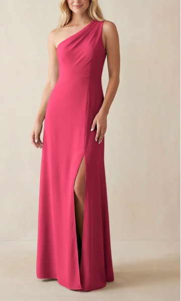 Fuchsia Satin One-Shoulder Long Bridesmaid Dress with High Side Slit HPPB708