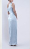 Chic dusty blue satin bridesmaid dress featuring a draped one-shoulder neckline, ruched waist, and high side slit
