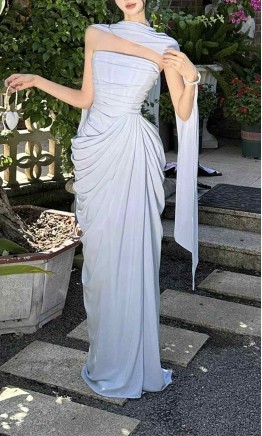 Ice Blue Strapless Draped Prom Dress with Matching Neck Scarf & High Slit HPPD715