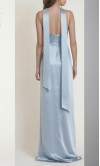 Elegant dusty blue satin bridesmaid dress with cowl neckline, side slit, and trailing scarf HPBD712