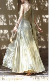 Front swirling view of a metallic champagne gold one-shoulder A-line prom gown with micro-pleated skirt detail