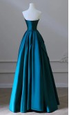 Regal dark teal satin prom dress with a sculpted ruched sweetheart bodice and an elegant drapped A-line skirt