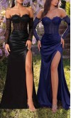 Showstopping burgundy off-the-shoulder prom dress with sheer lace corset bodice, long lace sleeves, and a satin high slit skirt HPPD722