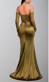 Showstopping burgundy off-the-shoulder prom dress with sheer lace corset bodice, long lace sleeves, and a satin high slit skirt HPPD722