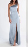 Dusty Blue Satin One-Shoulder Asymmetric Strap Bridesmaid Dress with Slit HPPB714