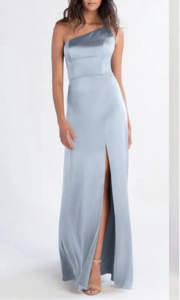 Dusty Blue Satin One-Shoulder Asymmetric Strap Bridesmaid Dress with Slit HPPB714
