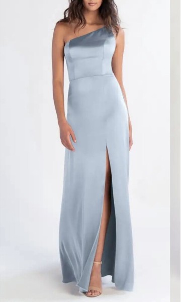Modern dusty blue satin bridesmaid dress with an asymmetric one-shoulder neckline, diagonal back strap, and front slit