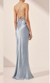Elegant dusty blue satin bridesmaid slip dress with cowl neckline, ruched waist, and backless cross-strap tie adjustable