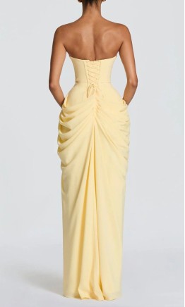 Pastel Yellow Strapless Corset Draped Prom Dress With High Slit HPPD717