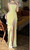 Pastel Yellow Strapless Corset Draped Prom Dress With High Slit HPPD717