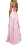 blush pink satin corset prom dress front view strapless A line gown