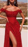 Showstopping sequined off-the-shoulder prom dress with sheer corset bodice, lace-up back, and high leg slit