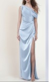 Dusty Blue Satin One-Shoulder Bridesmaid Dress with Slit HPBD713