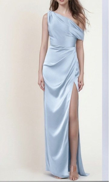 Chic dusty blue satin bridesmaid dress featuring a draped one-shoulder neckline, ruched waist, and high side slit