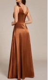 Bronze satin V-neck Fall bridesmaid dress with a flowing floor-length skirt and side pockets
