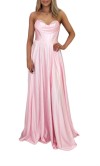 Blush Pink Satin Corset Prom Dress with Lace-Up Back – Strapless A-Line Formal Gown KSP699