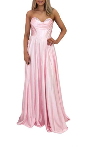 blush pink satin corset prom dress front view strapless A line gown