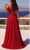 Showstopping sequined off-the-shoulder prom dress with sheer corset bodice, lace-up back, and high leg slit