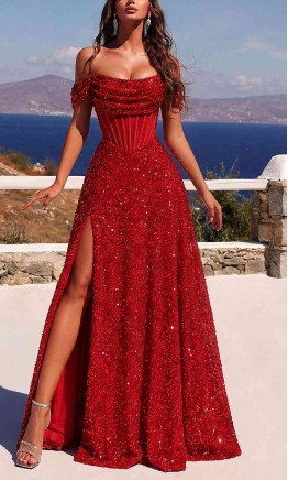 Sparkly Sequin Off-the-Shoulder Corset A-line Prom Dress HPPD723